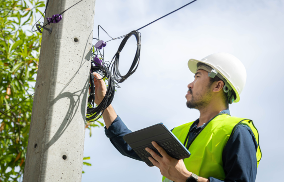 Utility worker examining the street light issues